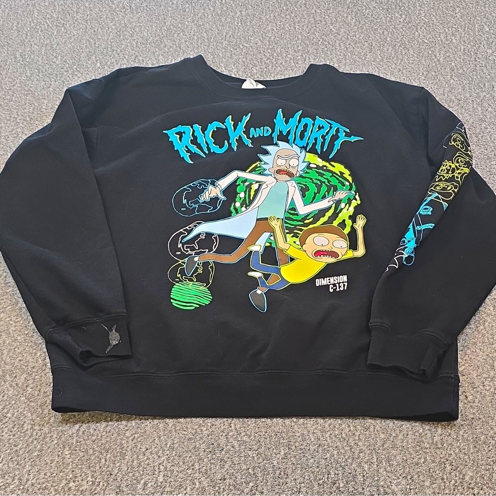 Adult Swim Rick and Morty Mens L Black Crewneck Pullover Graphic